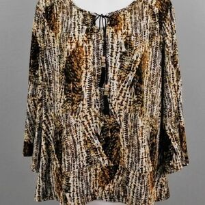 🦋 Vintage Cato Chic Brown Patterned Blouse with Tassel Detail Size 16-18W